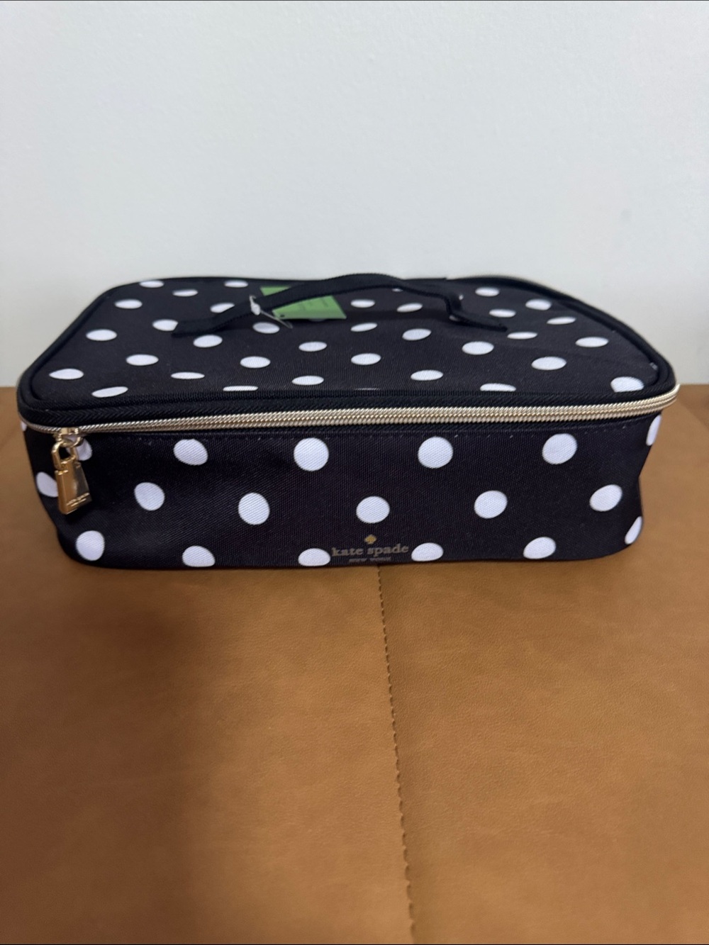 kate spade Black and White Polka Dot lunch carrier with Gold Trim